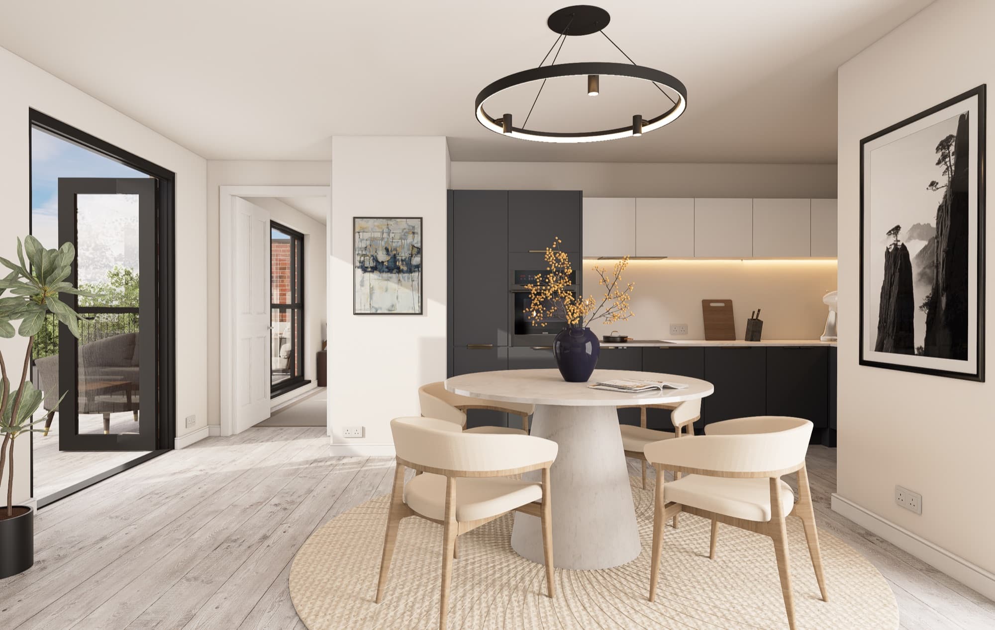 Monument View apartment kitchen, charcoal finish, CGI