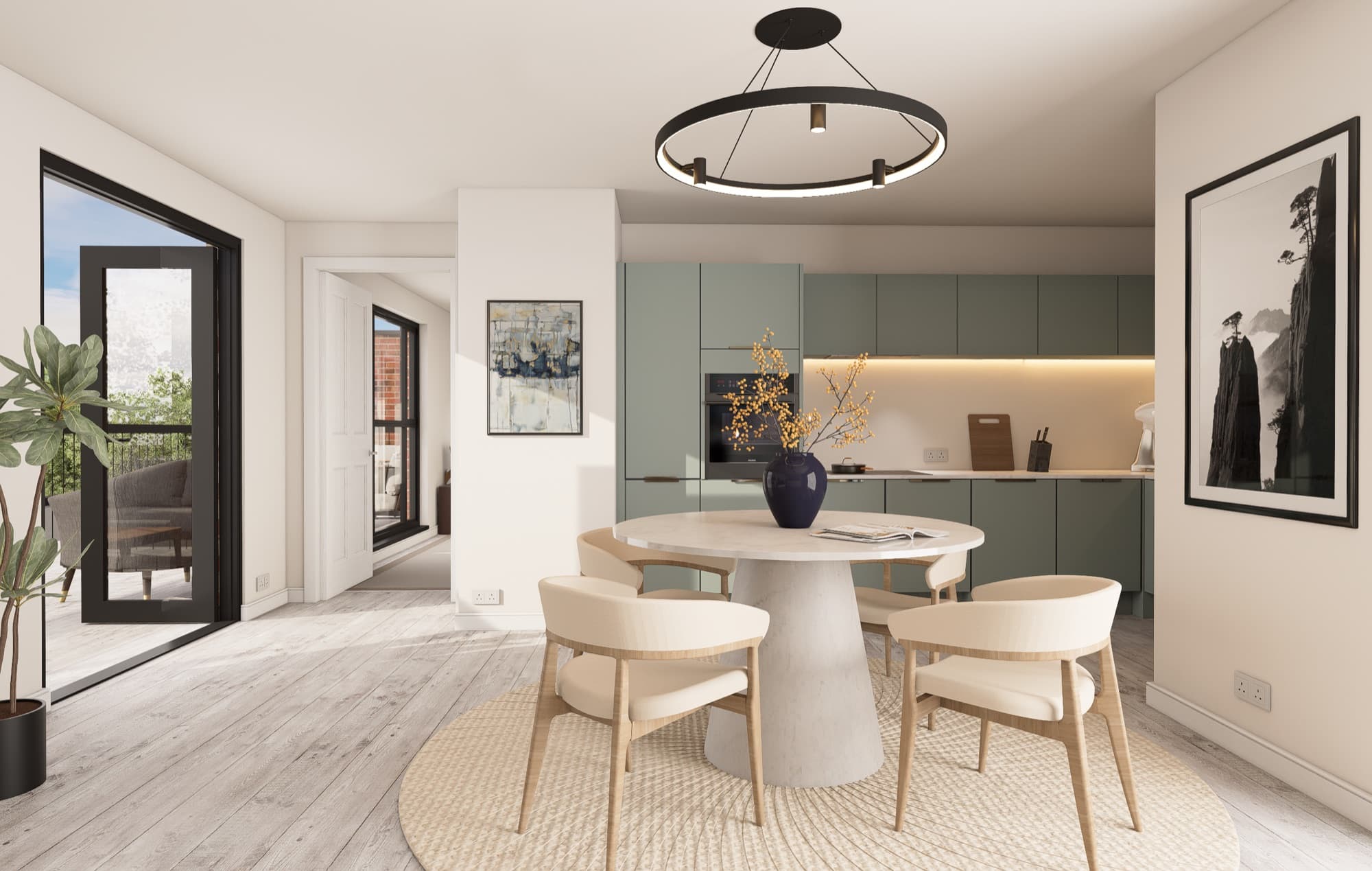Monument View apartment kitchen, sage finish, CGI